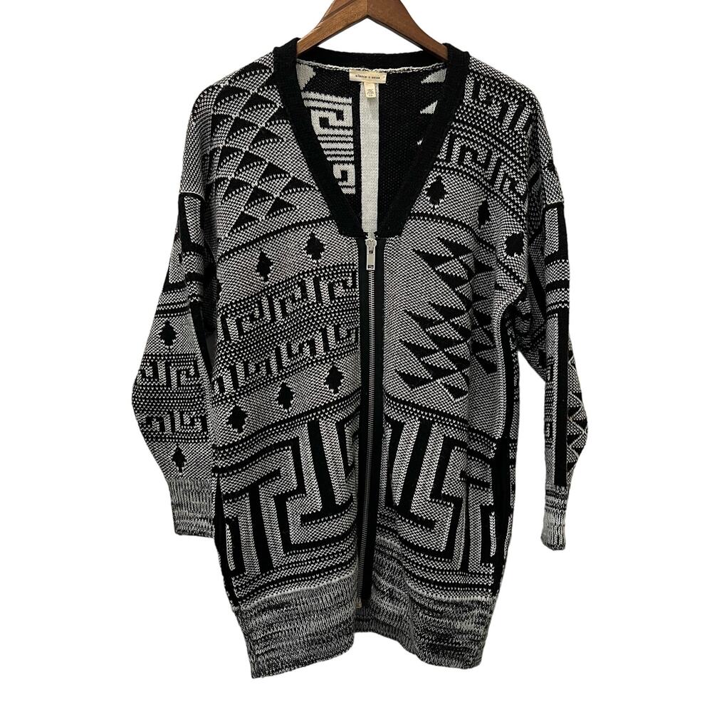 Silence + Noise  Zip Front Cardigan Sweater Black White Size XS